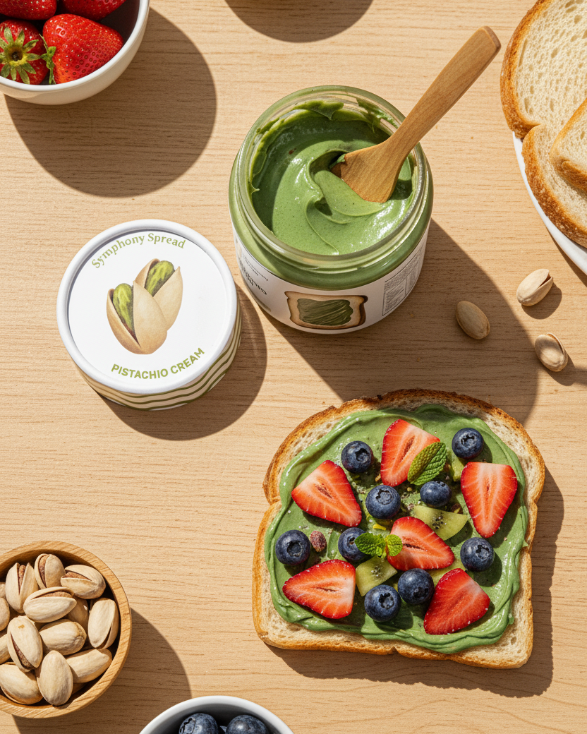 Jar of green spread with a wooden spoon, toast with fruit, and various fruits on a wooden surface.